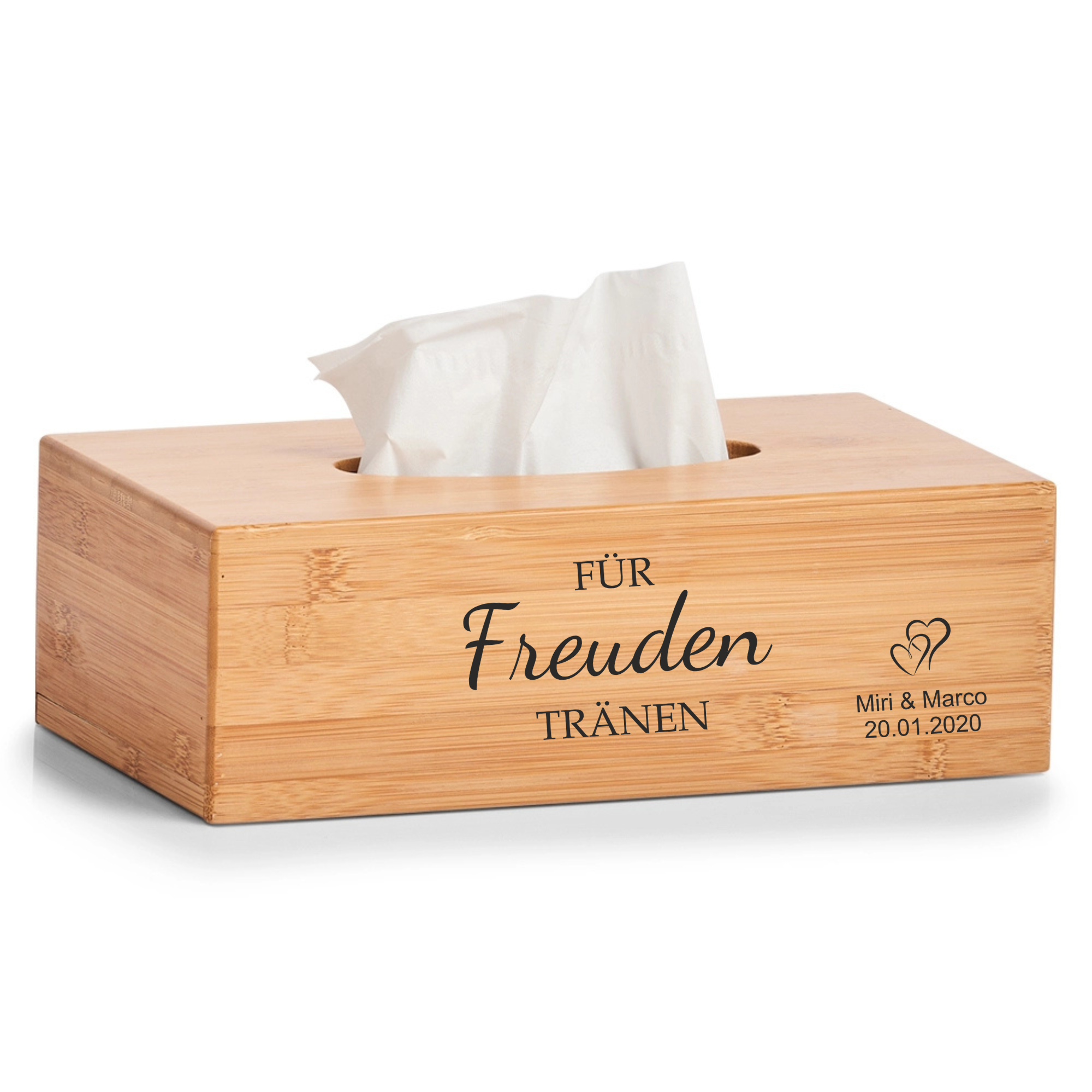 Taschentuchbox Hochzeit personalisiert aus Bambus mit Gravur für die Freudentränen