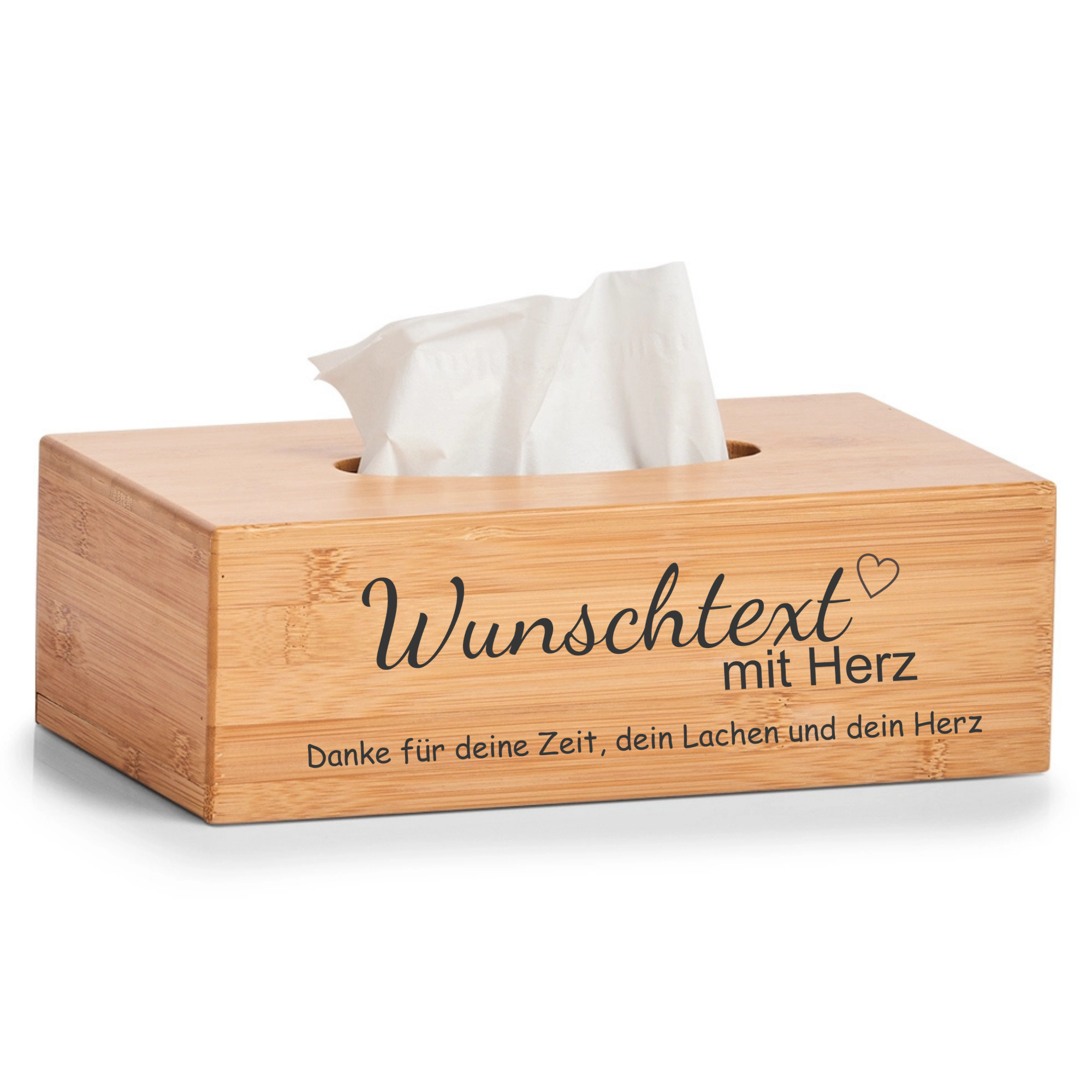 Taschentuchbox personalisiert aus Bambus mit Wunschtext und Herz als emotionales Dankeschön Geschenk
