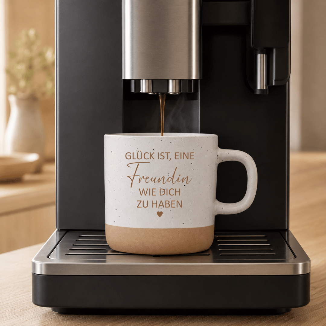 Geschenk für Freundin – Steingut Tasse „Glück ist, eine Freundin wie dich zu haben“