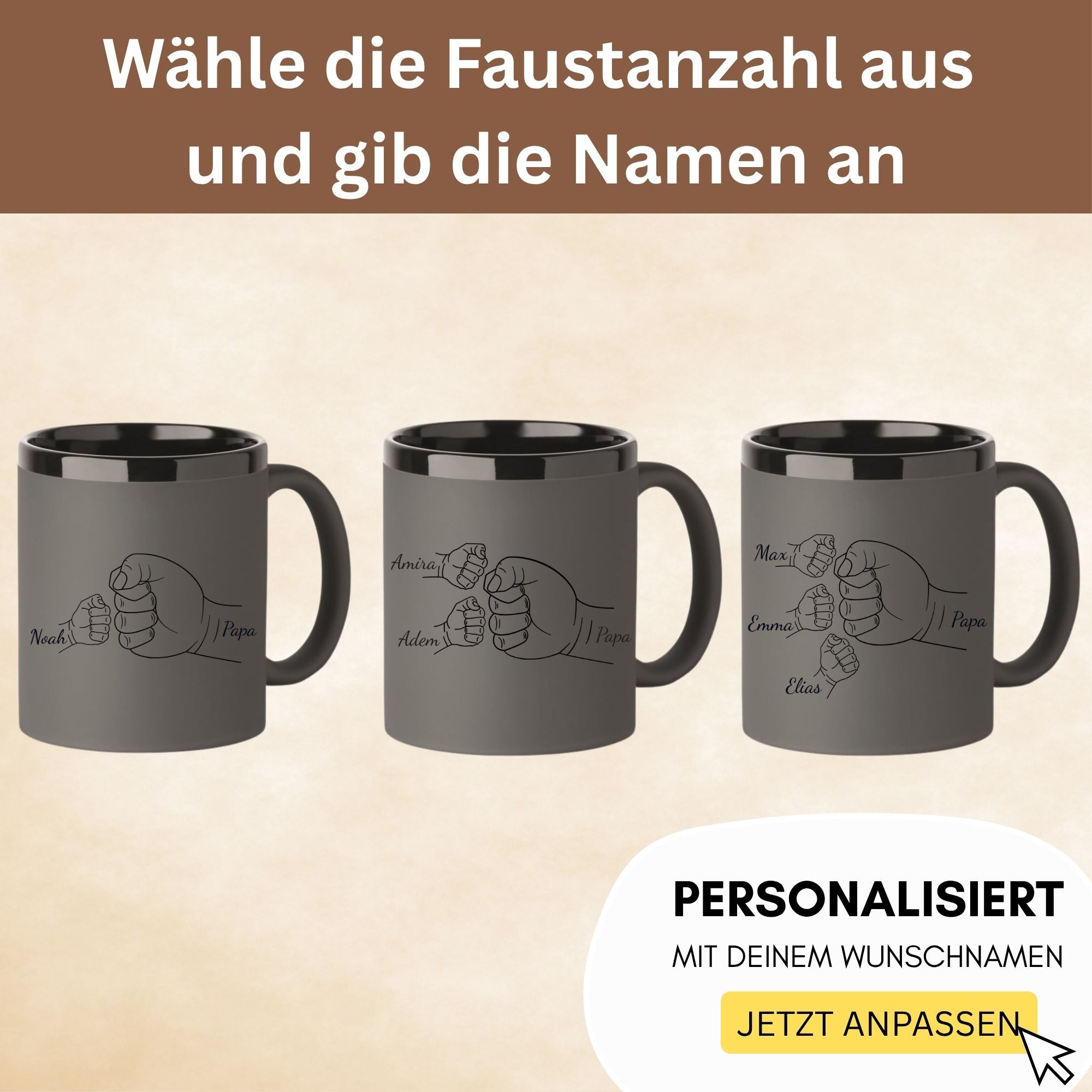 Personalisierbare Papa Tasse mit mehreren Kinderfaust-Motiven zur Auswahl, Gravur der Namen und Soft-Touch-Oberflaeche – Geschenk fuer Papa.