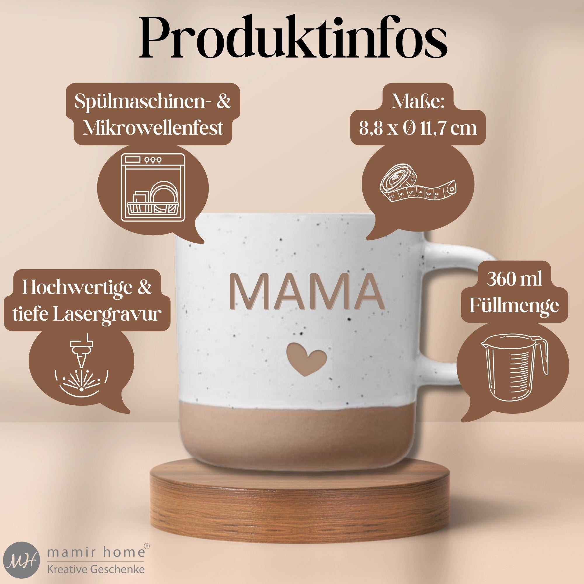 Steingut Tasse MAMA mit Icons zu Lasergravur, Volumen und Spülmaschinenfestigkeit