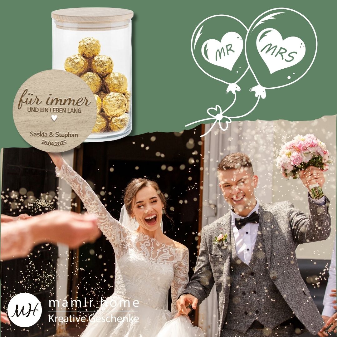 Personalisierte Vorratsgläser mit Hochzeitsmotiv und Gravur als Geschenk