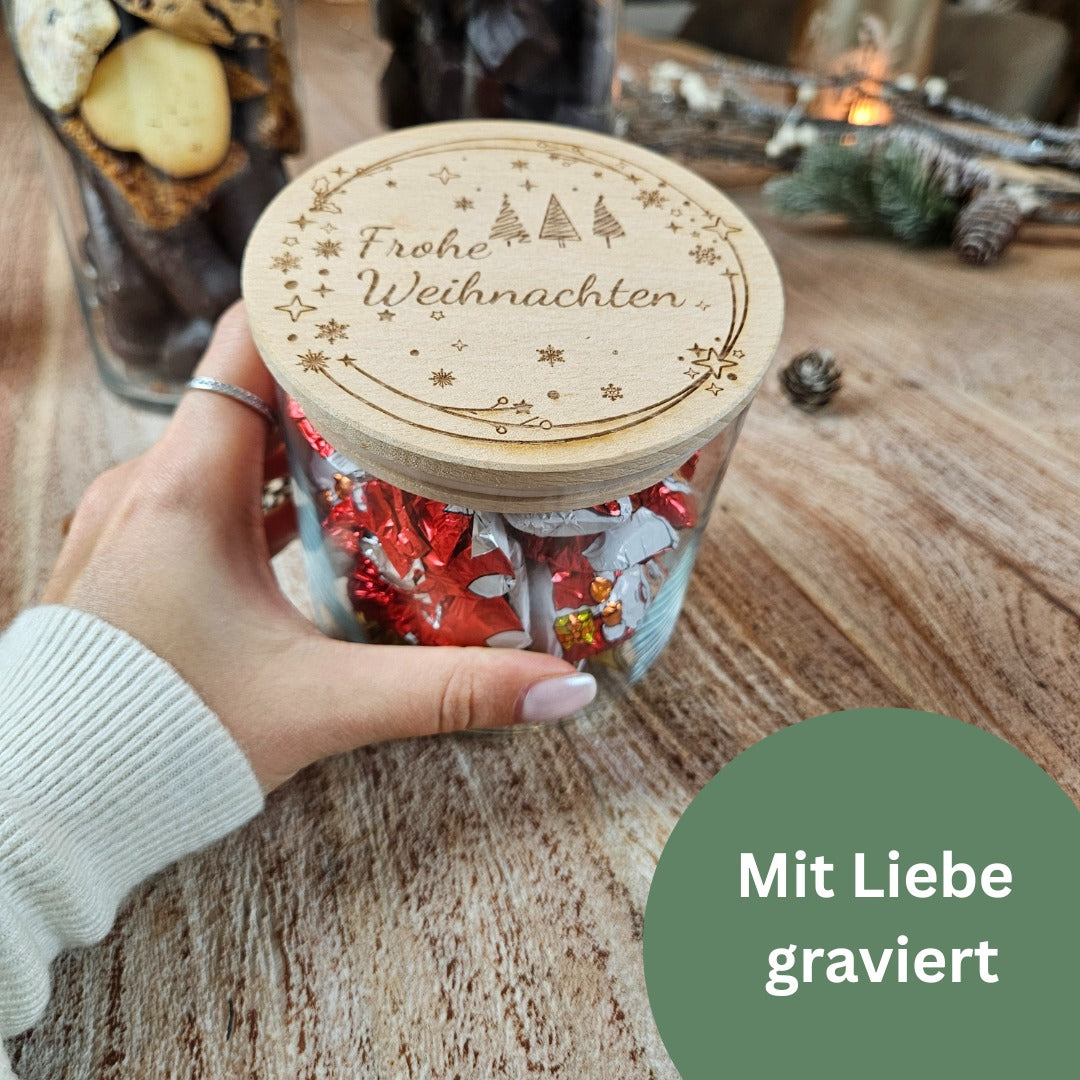 Personalisiertes Vorratsglas Weihnachten mit Gravur „Frohe Weihnachten“ und Süßigkeiten, perfektes Weihnachtsgeschenk