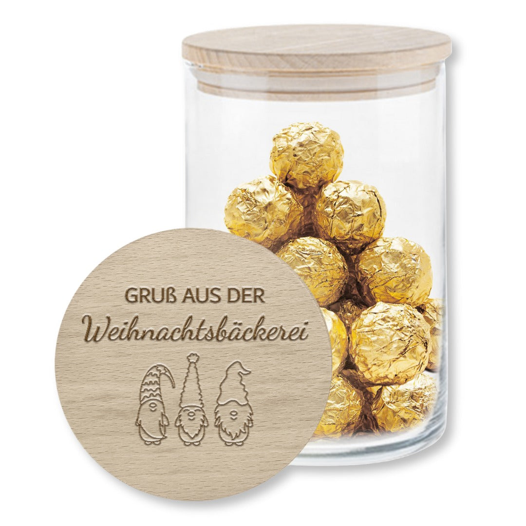 Vorratsglas Weihnachten mit Gravur „Gruß aus der Weihnachtsbäckerei“ und Wichtel-Motiv, Keksdose als Geschenkidee