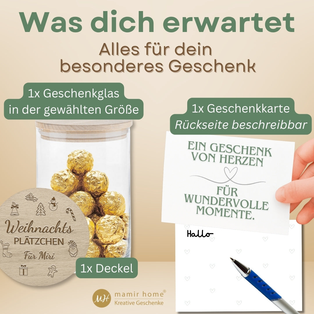 Lieferumfang: Glas, gravierter Deckel „Weihnachtsplätzchen“ und beschreibbare Geschenkkarte