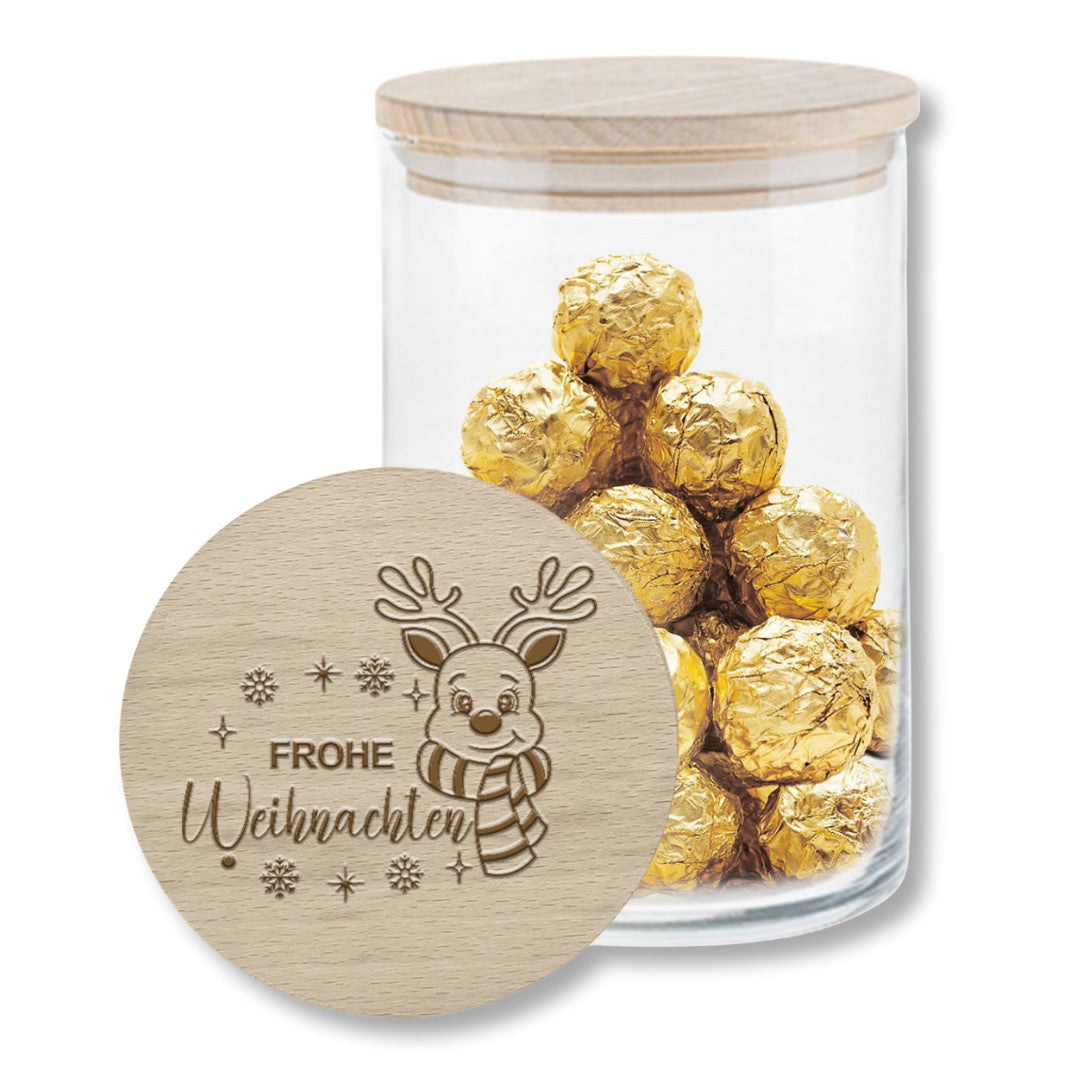 Vorratsglas Weihnachten mit Gravur „Frohe Weihnachten“ und süßem Rentier-Motiv
