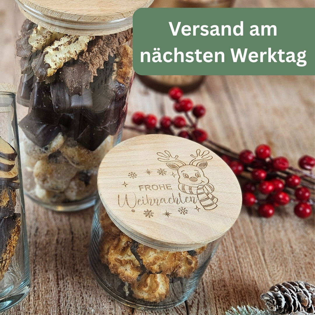 Vorratsglas Weihnachten mit Rentier-Gravur, schneller Versand am nächsten Werktag