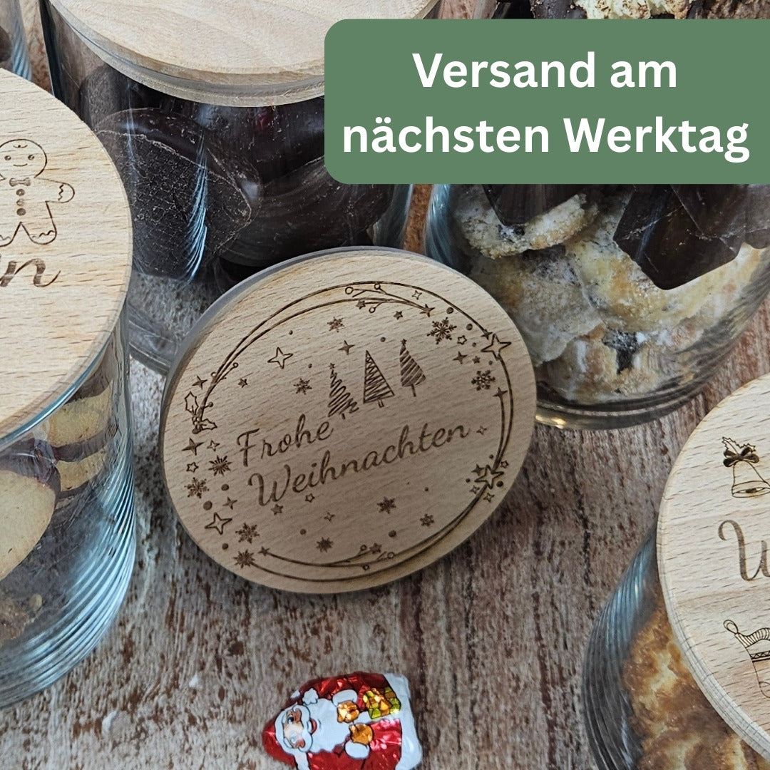 Personalisiertes Vorratsglas Weihnachten mit Gravur „Frohe Weihnachten“, schneller Versand am nächsten Werktag