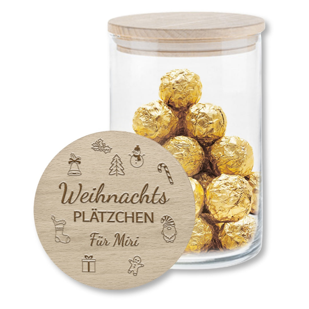 Vorratsglas Weihnachten „Weihnachtsplätzchen“, personalisiert mit Name, Gravur auf Holzdeckel