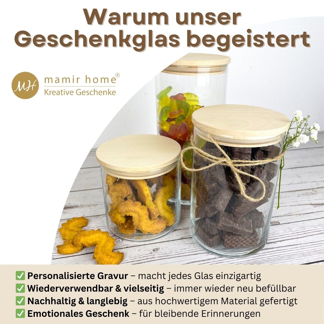 Übersicht der Vorteile des personalisierten Geschenkglases mit Gravur