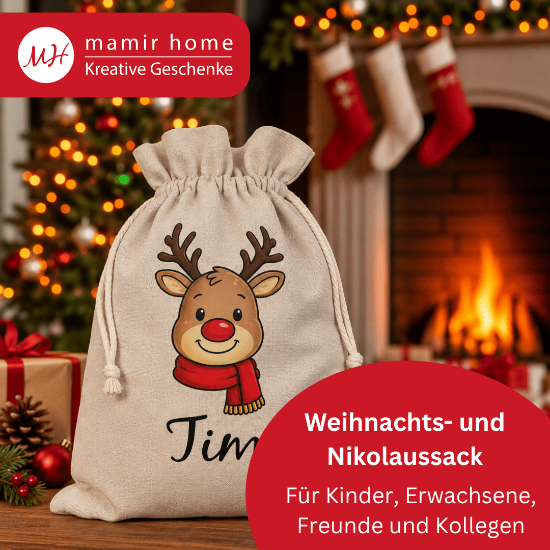 Weihnachtssack mit Namen – RENTIER - Nikolaussack personalisiert