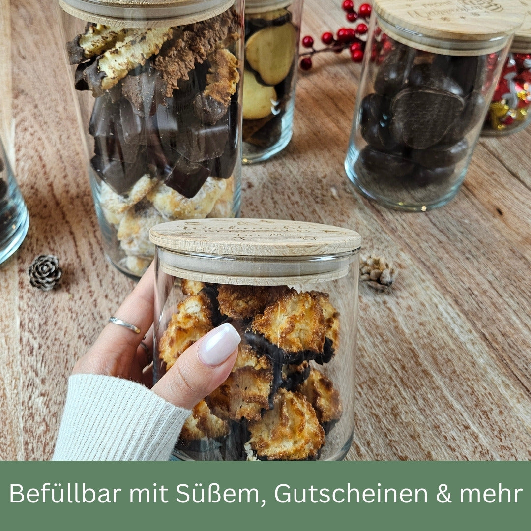Vorratsglas Weihnachten, befüllbar mit Keksen, Schokolade oder Gutscheinen – liebevolle Geschenkidee