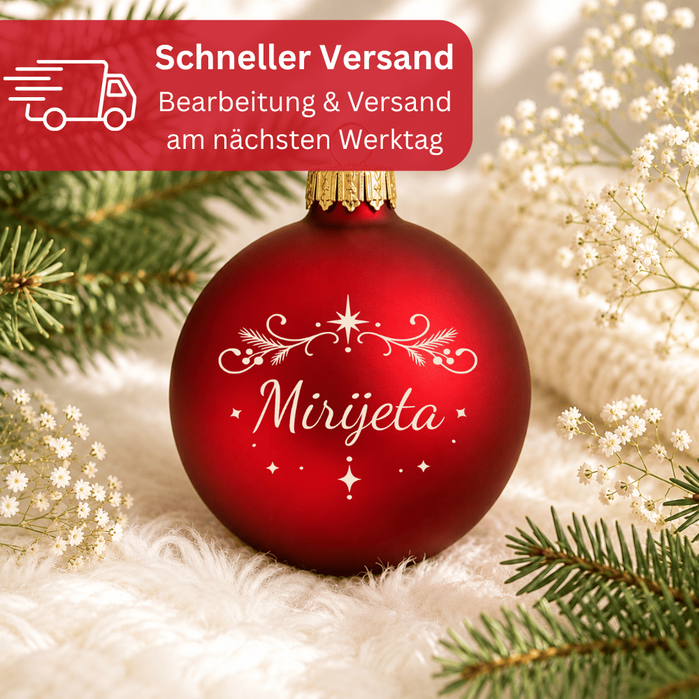 Weihnachtskugel personalisiert aus Glas mit Namen – Zweige & Sterne