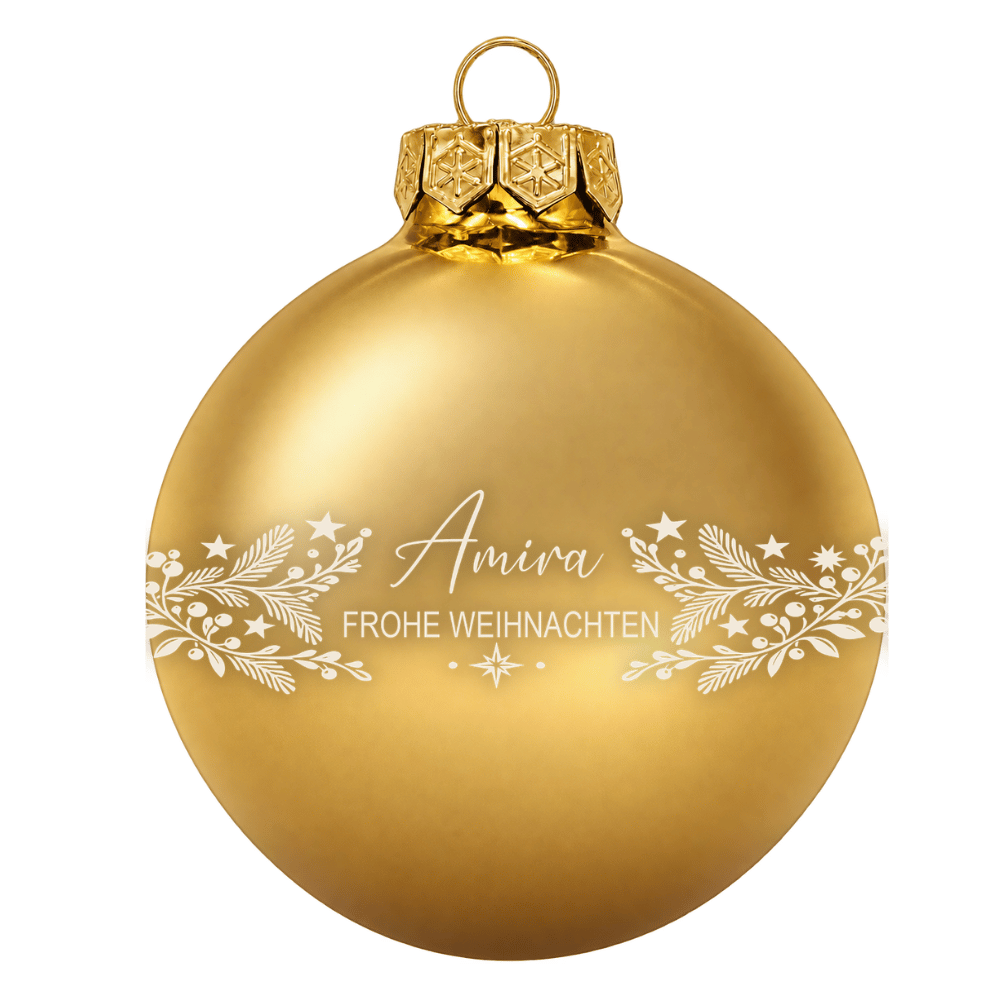 Weihnachtskugel personalisiert aus Glas – Name & rundes Zweigmotiv