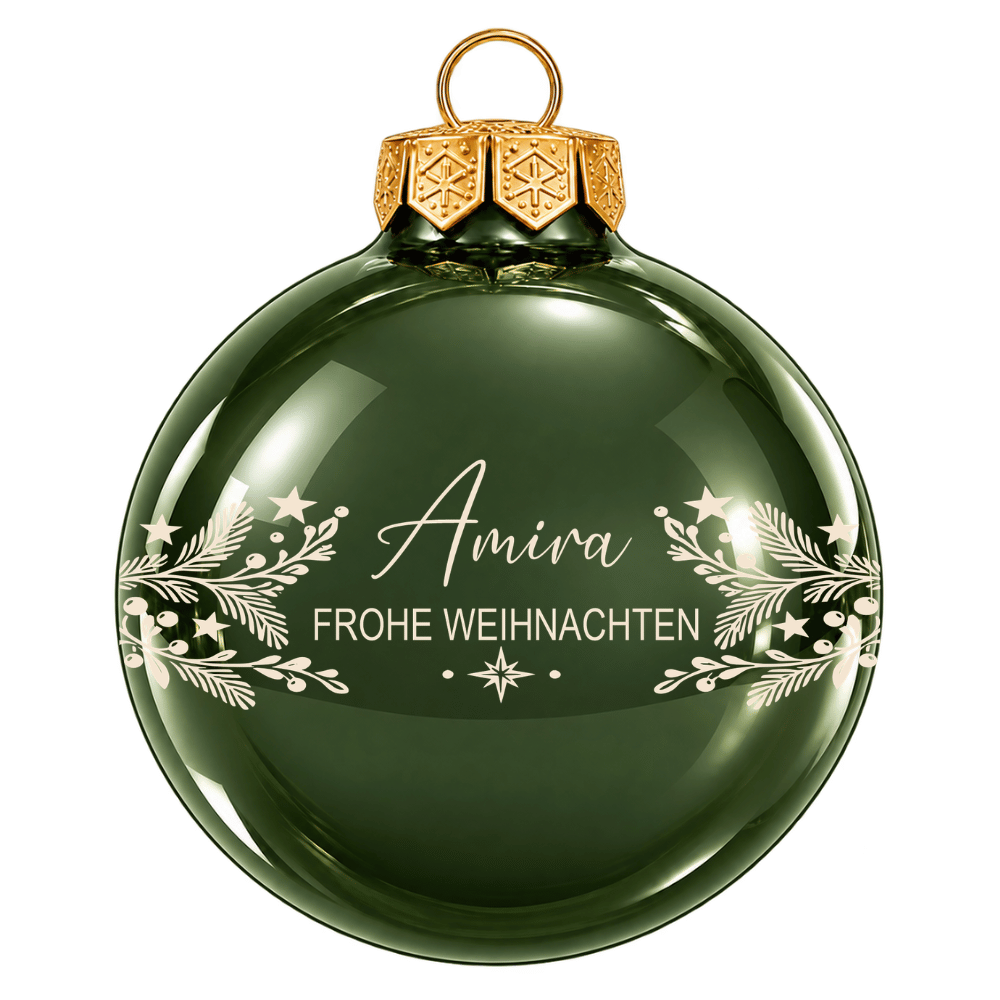 Weihnachtskugel personalisiert aus Glas – Name & rundes Zweigmotiv