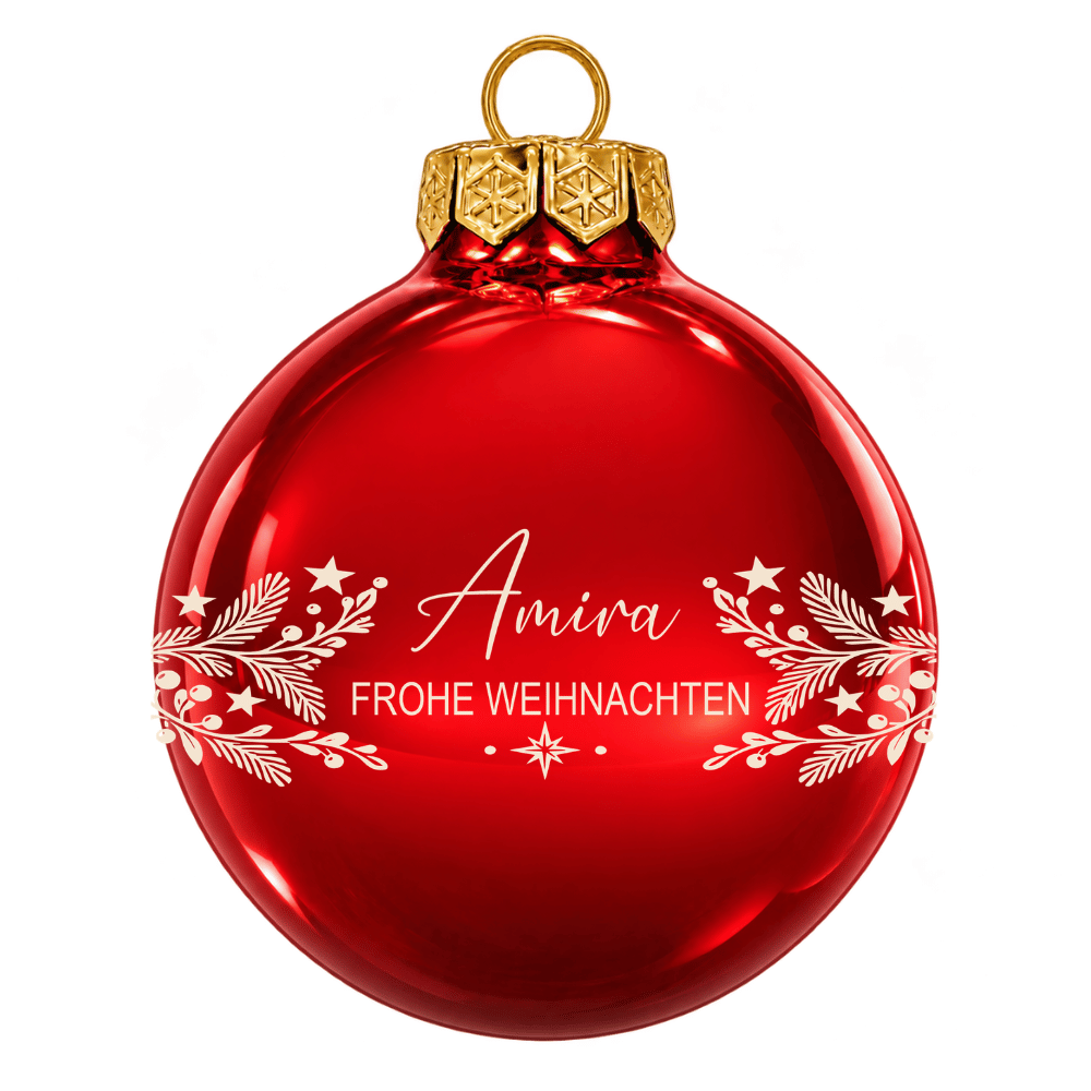 Weihnachtskugel personalisiert aus Glas – Name & rundes Zweigmotiv