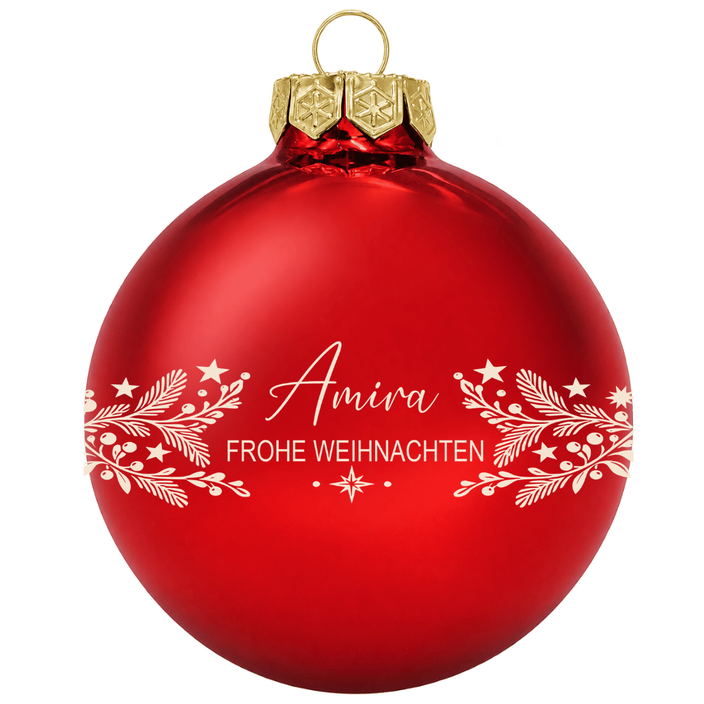 Weihnachtskugel personalisiert aus Glas – Name & rundes Zweigmotiv
