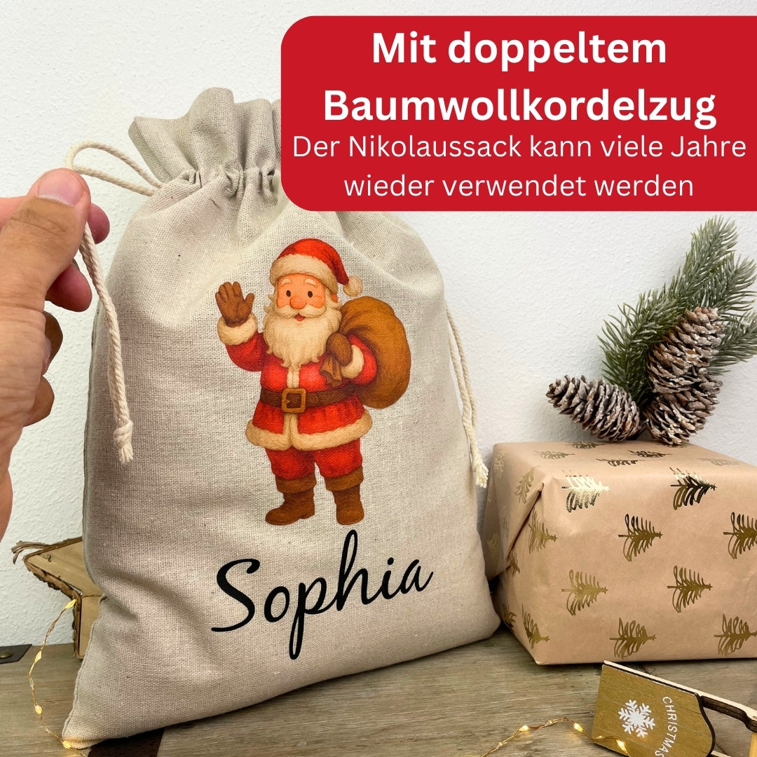 Personalisierter Weihnachtssack mit doppeltem Baumwollkordelzug – nachhaltige Nikolausverpackung