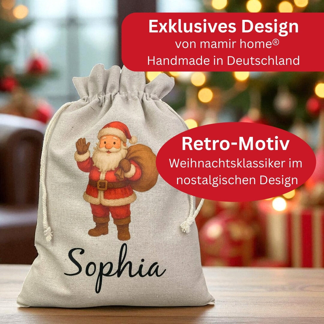 Exklusives Retro-Design von mamir home – personalisierter Weihnachtssack Handmade in Deutschland