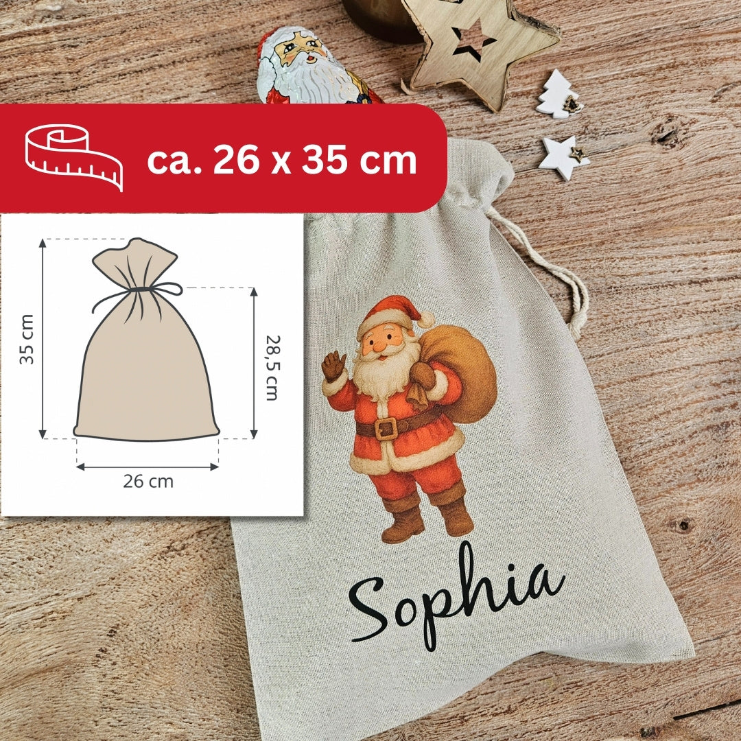 Personalisierter Weihnachtssack ca. 26 × 35 cm mit Retro-Weihnachtsmann-Motiv
