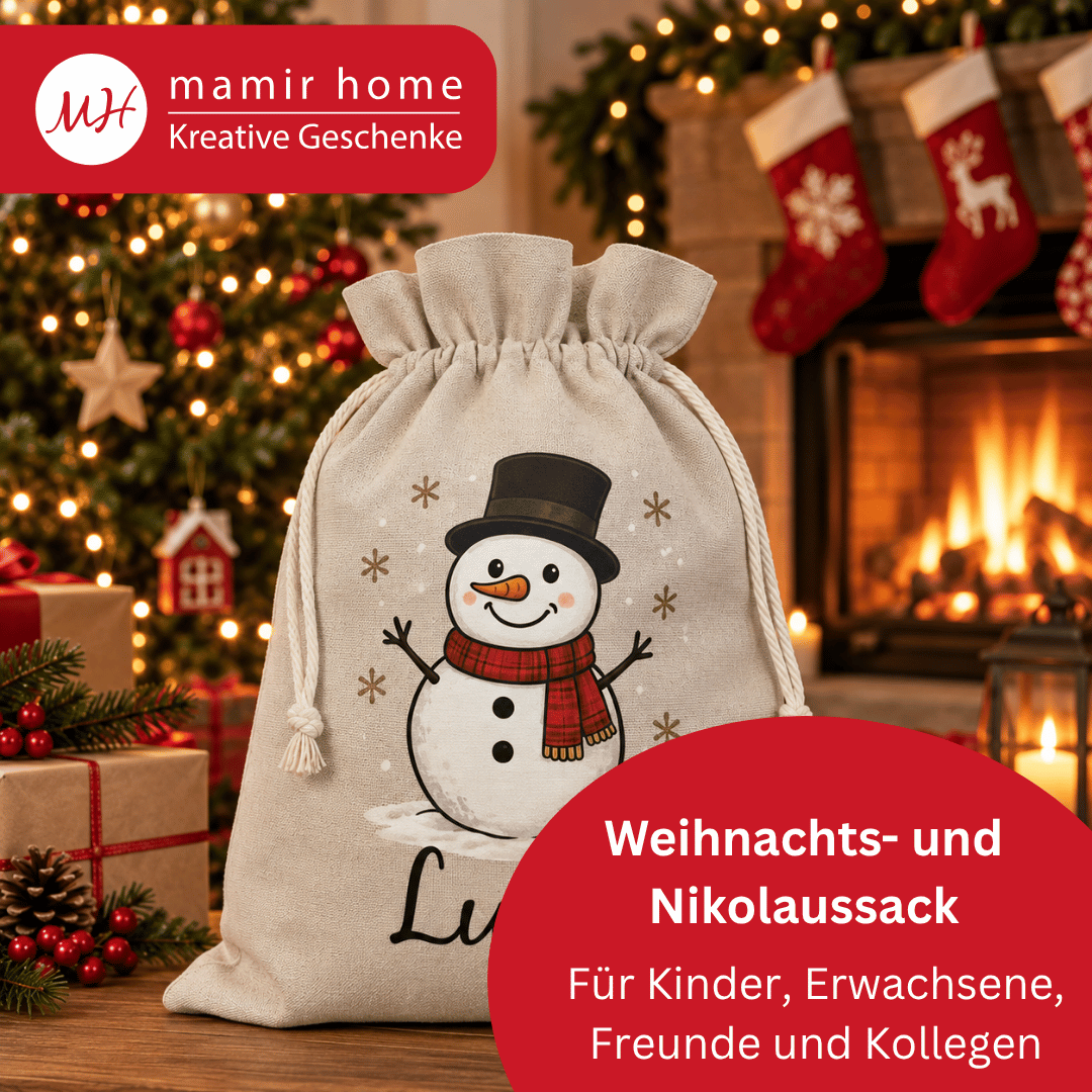 Nikolaussack personalisiert mit Namen – Schneemann Weihnachtssack