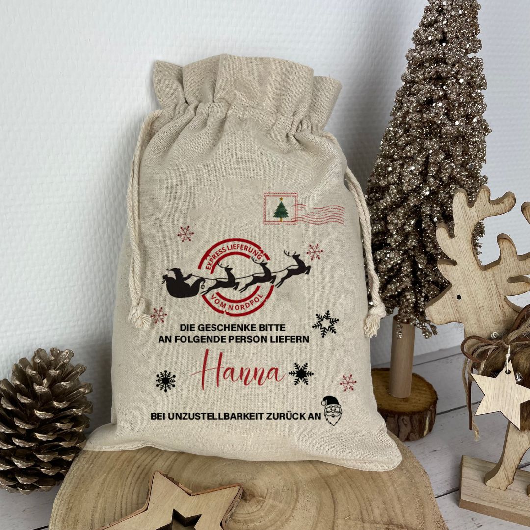 Nikolaussack personalisiert mit Name Matheo im Postsack-Design – nachhaltiger Geschenkbeutel Weihnachten