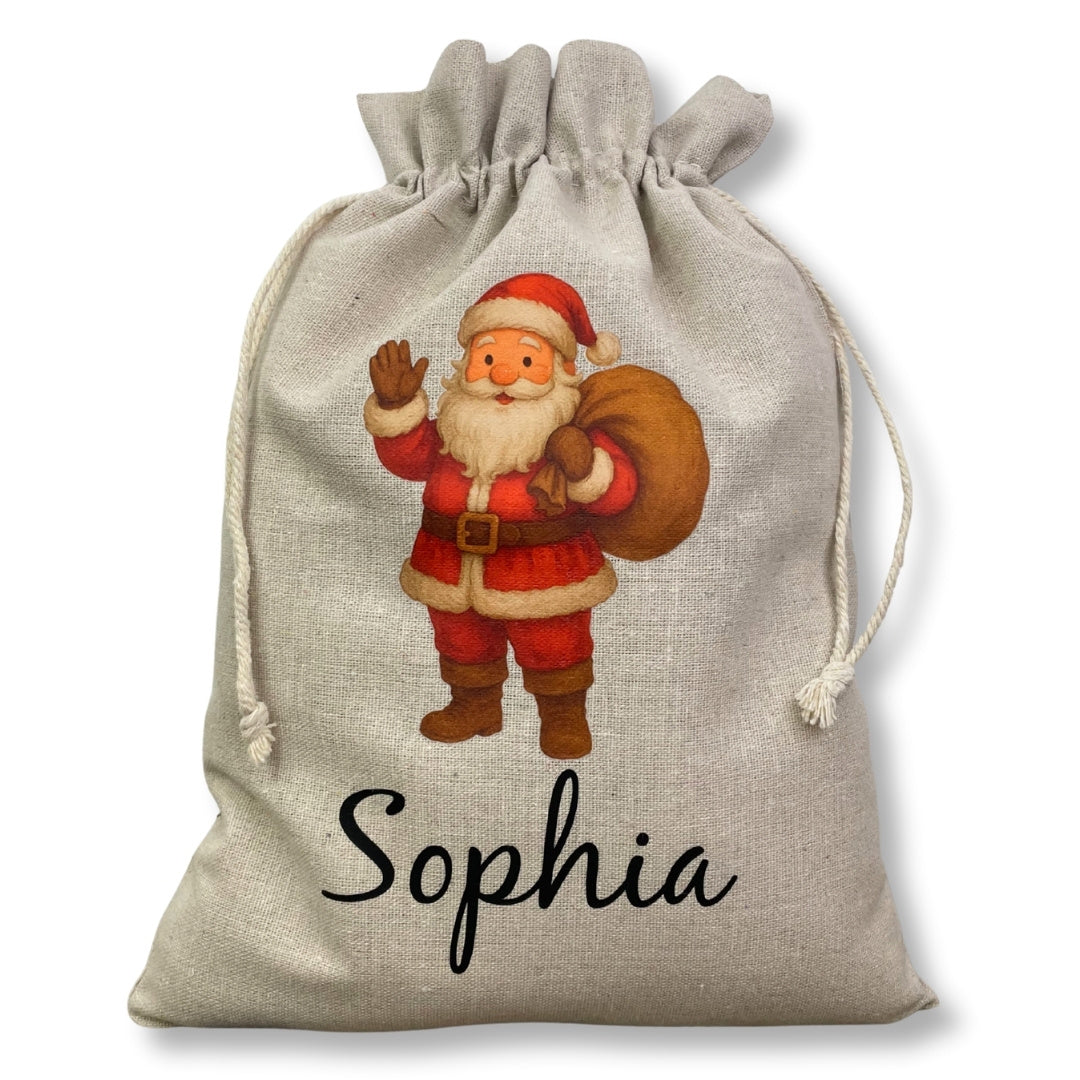 Personalisierter Weihnachtssack aus Leinen mit Retro-Weihnachtsmann und Name Sophia