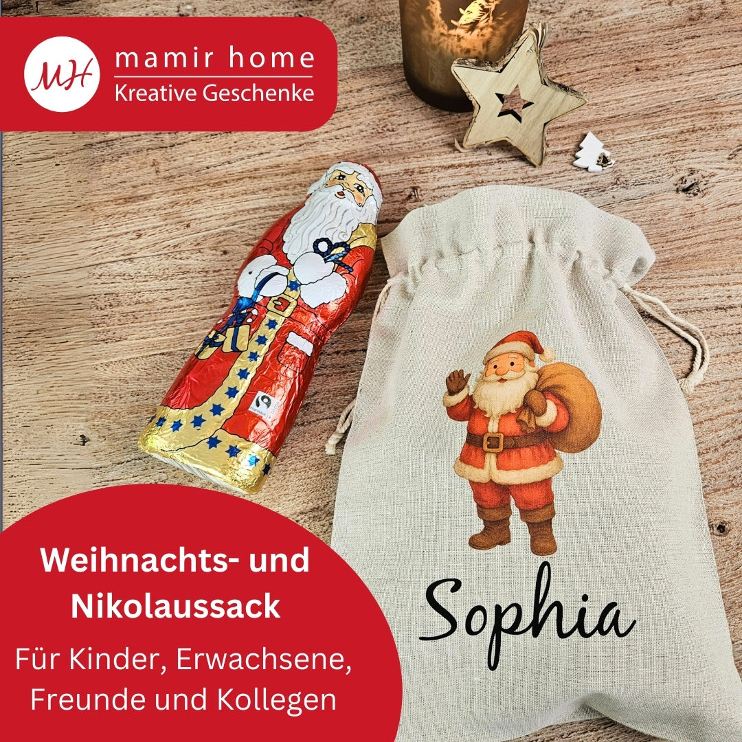 Weihnachts- und Nikolaussack personalisiert mit Retro-Motiv – Geschenkidee für Kinder und Erwachsene