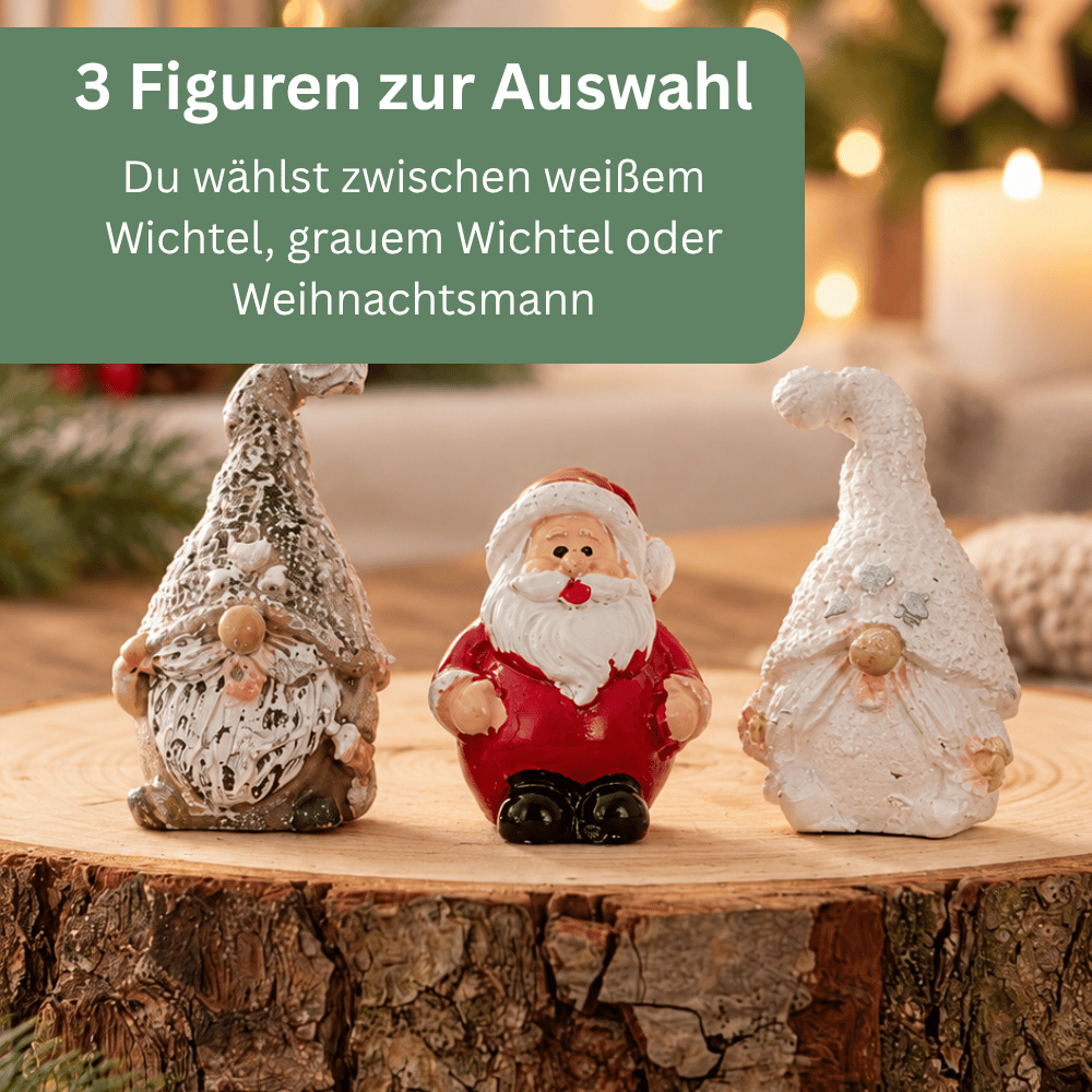 Drei Figuren für den Wichtel Adventskalender zur Auswahl – grauer Wichtel, Weihnachtsmann und weißer Wichtel